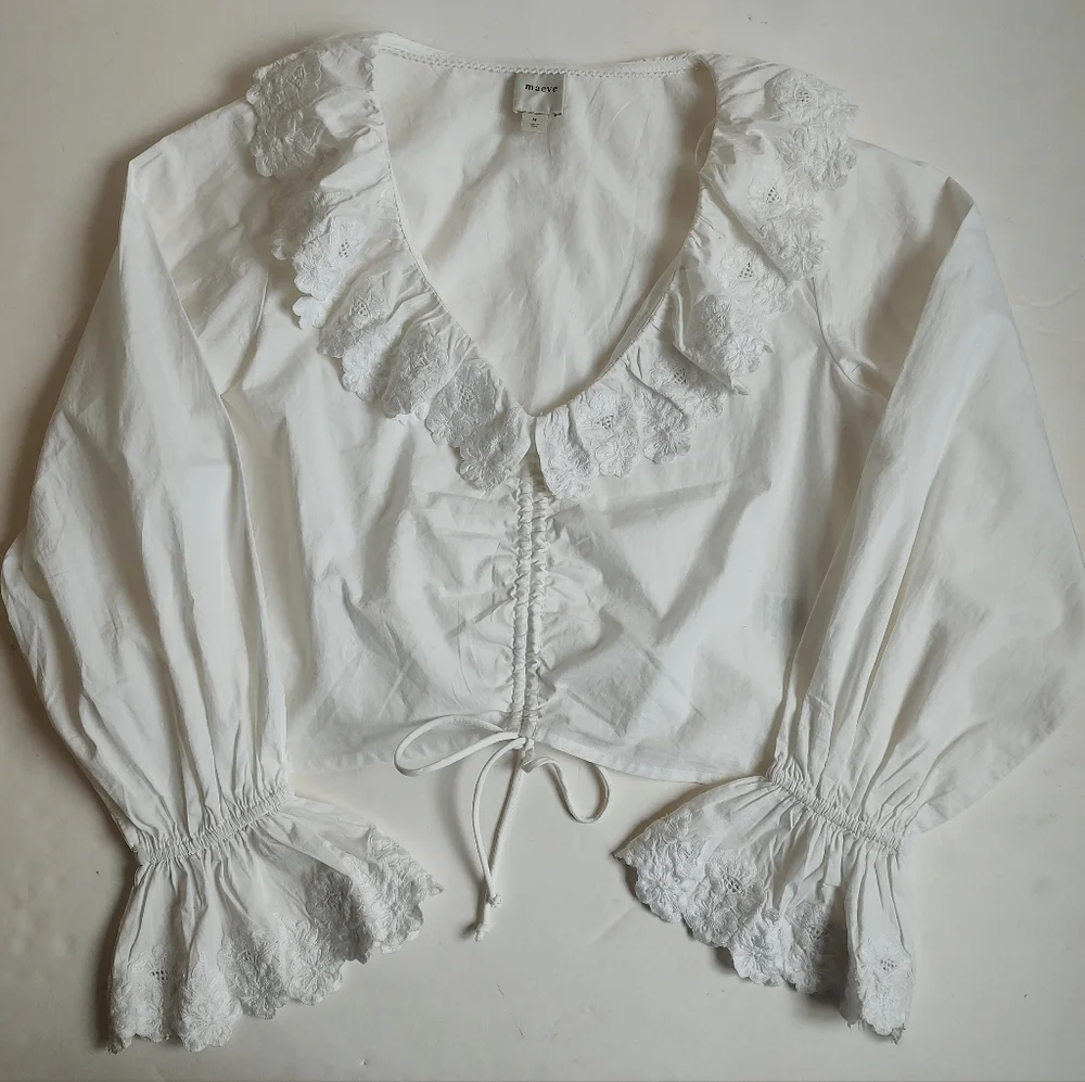 Maeve White Ruffled V-Neck Drawstring Blouse